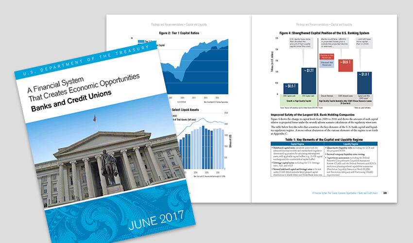 A Treasury report, &lsquo;A Financial System That Creates Economic Opportunities: Banks and Credit Unions&rsquo; (2017), shown as a cover beside an interior spread of charts.