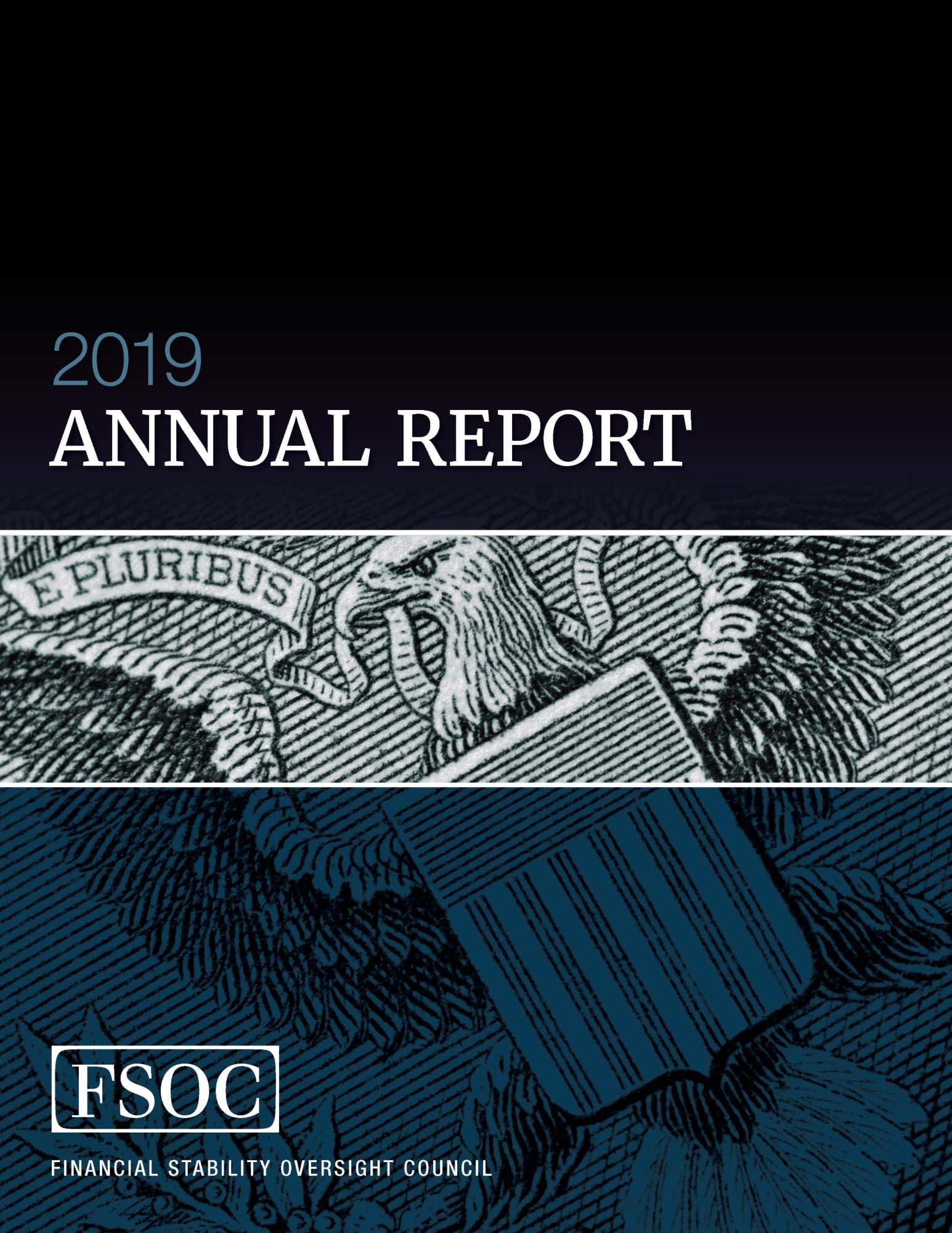 Cover of the Financial Stability Oversight Council 2019 Annual Report — dark navy with an engraved eagle from U.S. currency and the FSOC wordmark.