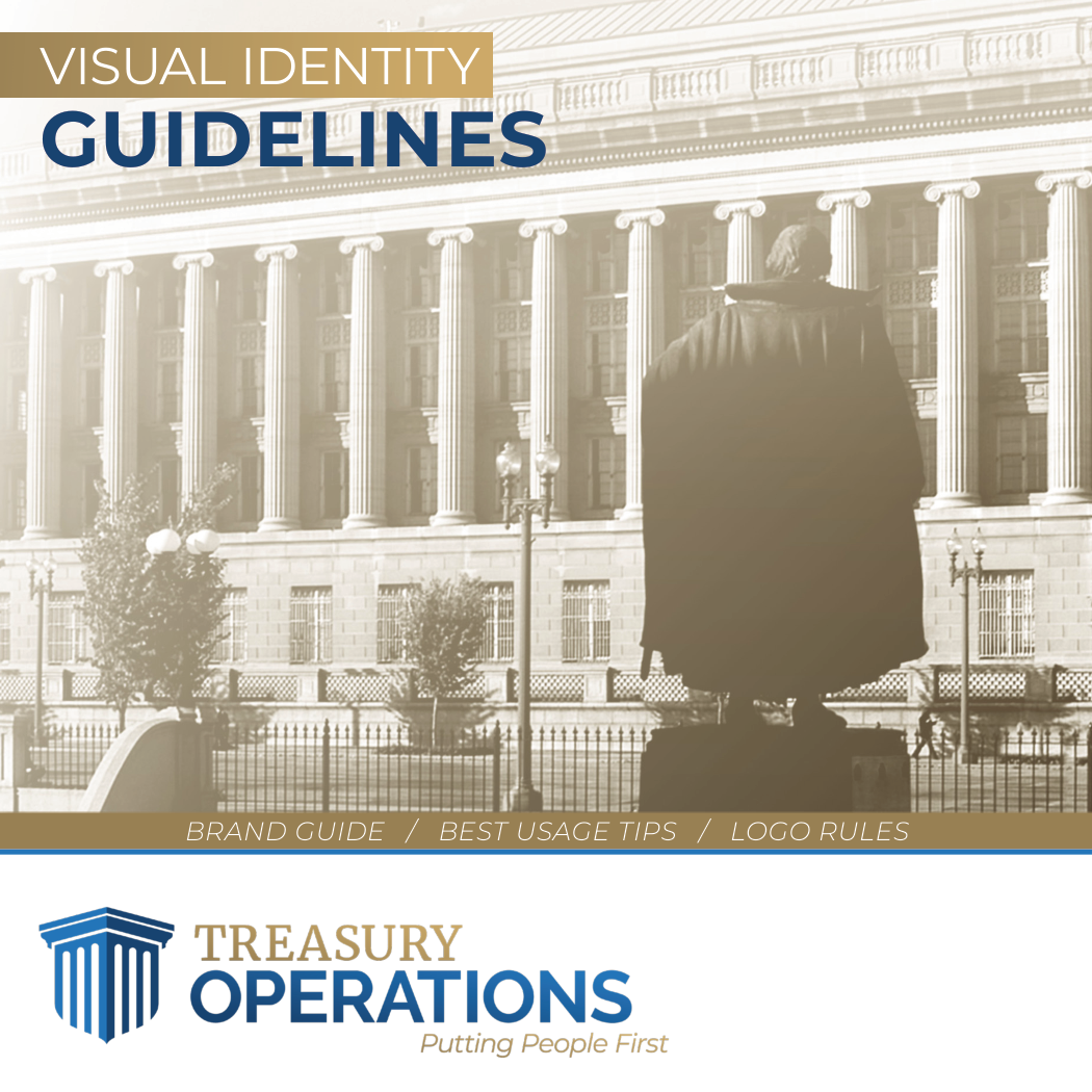 Cover of the Treasury Operations Visual Identity Guidelines — brand guide, best-usage tips, and logo rules.