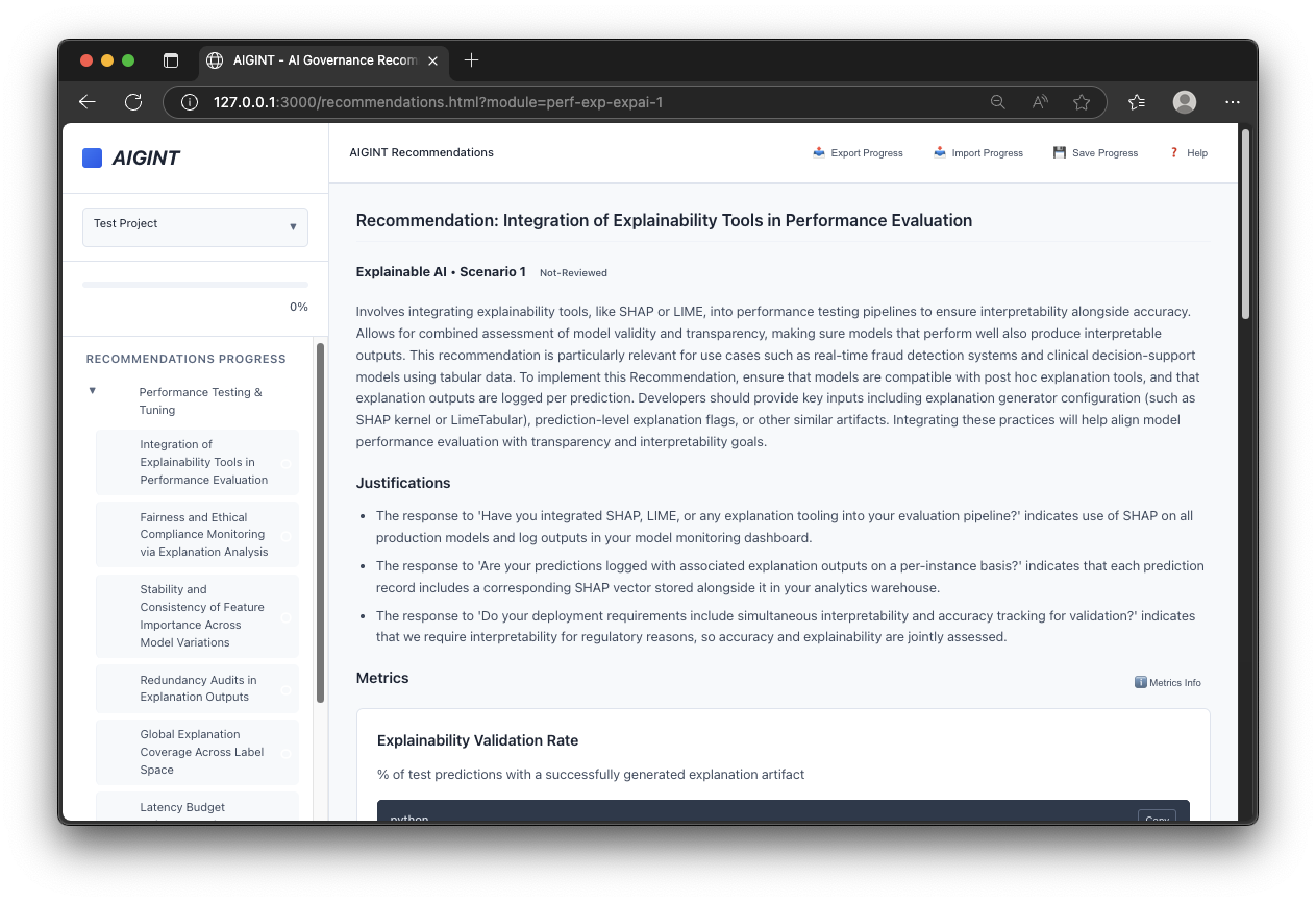 A generated AIGINT recommendation on integrating explainability tools, with justifications and metrics.