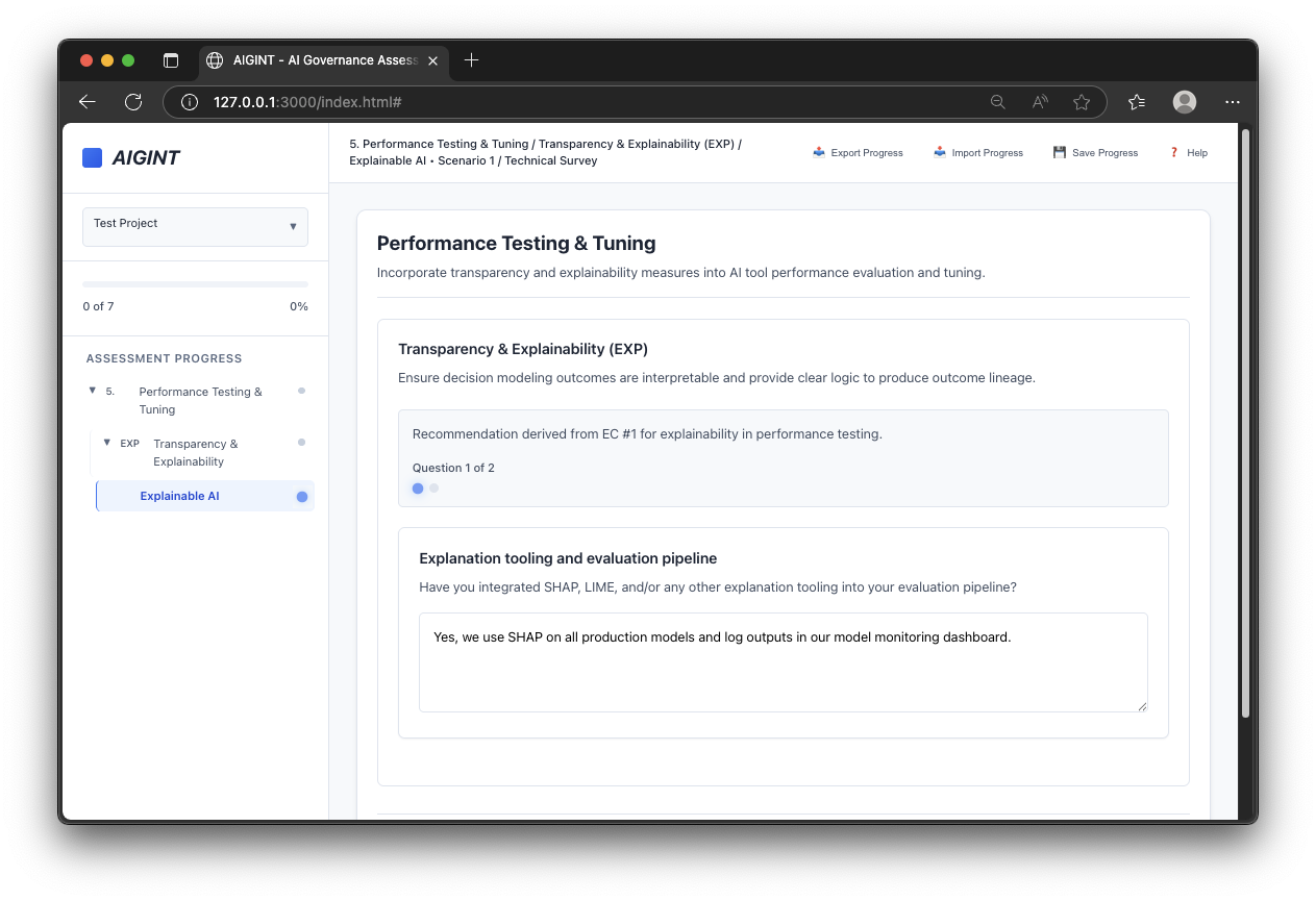 A survey question in AIGINT on performance testing and transparency, with radio-button answer options.
