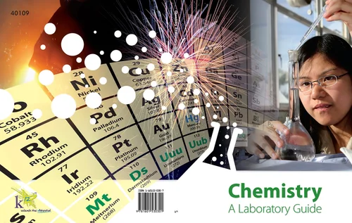 Cover of a K–12 Chemistry laboratory guide, with a periodic-table motif and a student at the bench.