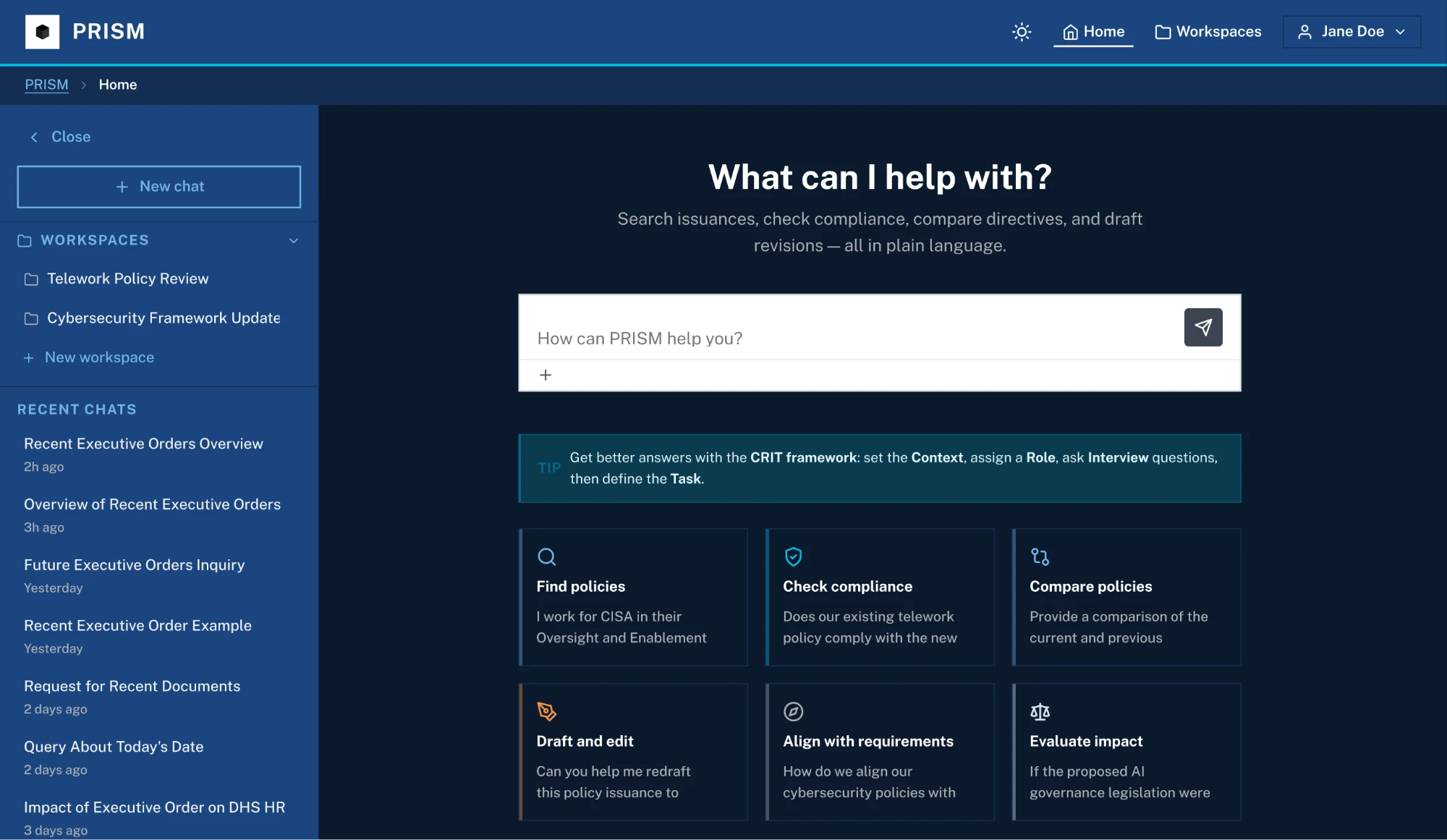 The same home screen earlier in development, under the codename PRISM, in a dark theme.