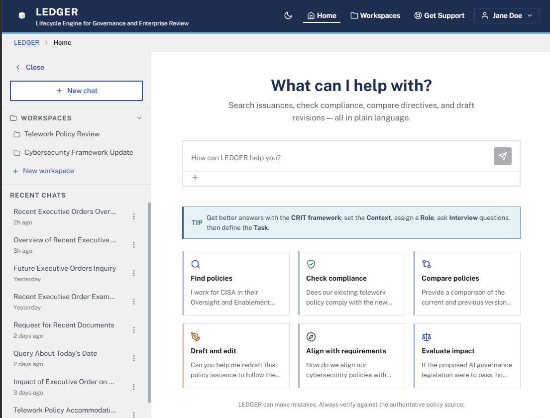 LEDGER's home screen: a plain-language prompt box over quick-start cards, with a workspaces sidebar and a CRIT-framework tip.