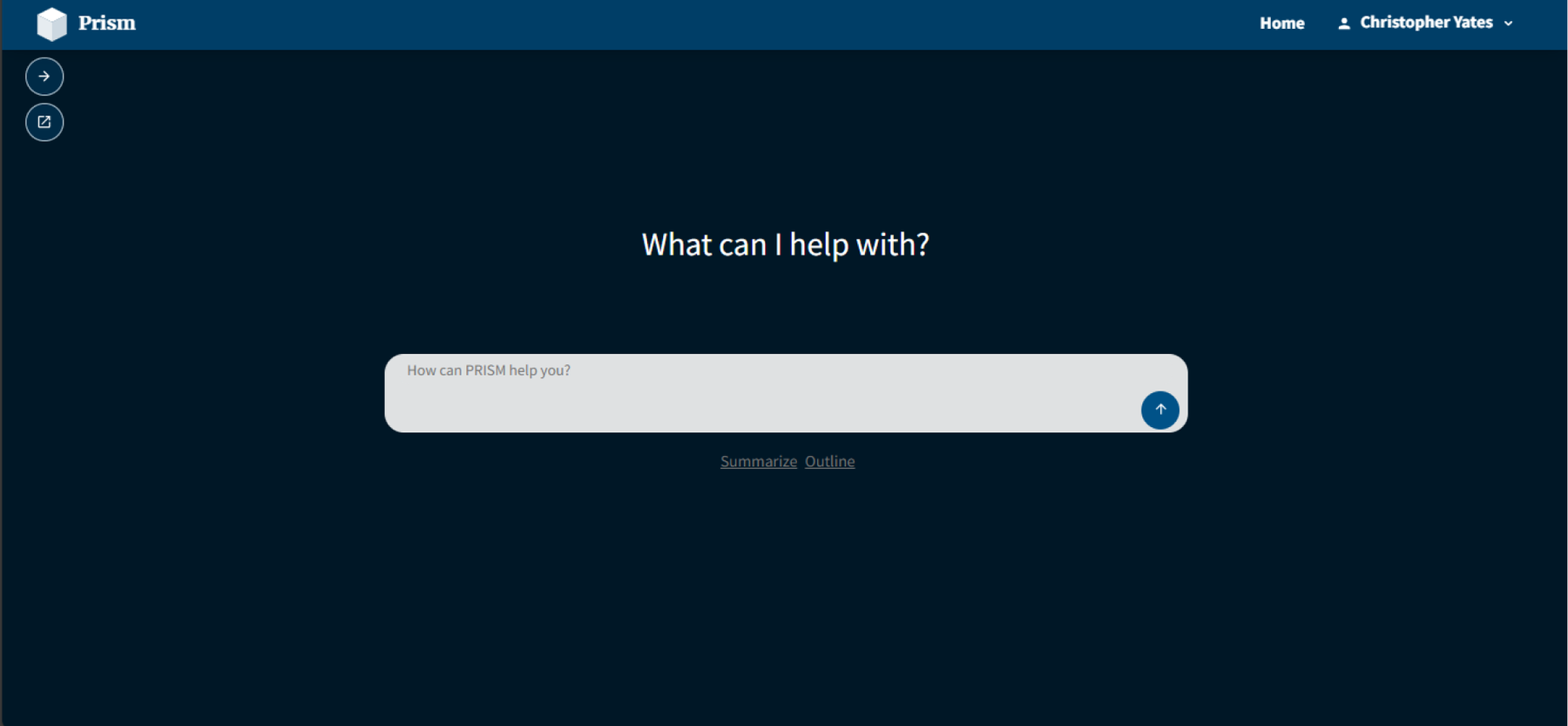 LEDGER's landing screen: a dark interface headed 'What can I help with?', a prompt box reading 'How can PRISM help you?', and Summarize / Outline shortcuts.