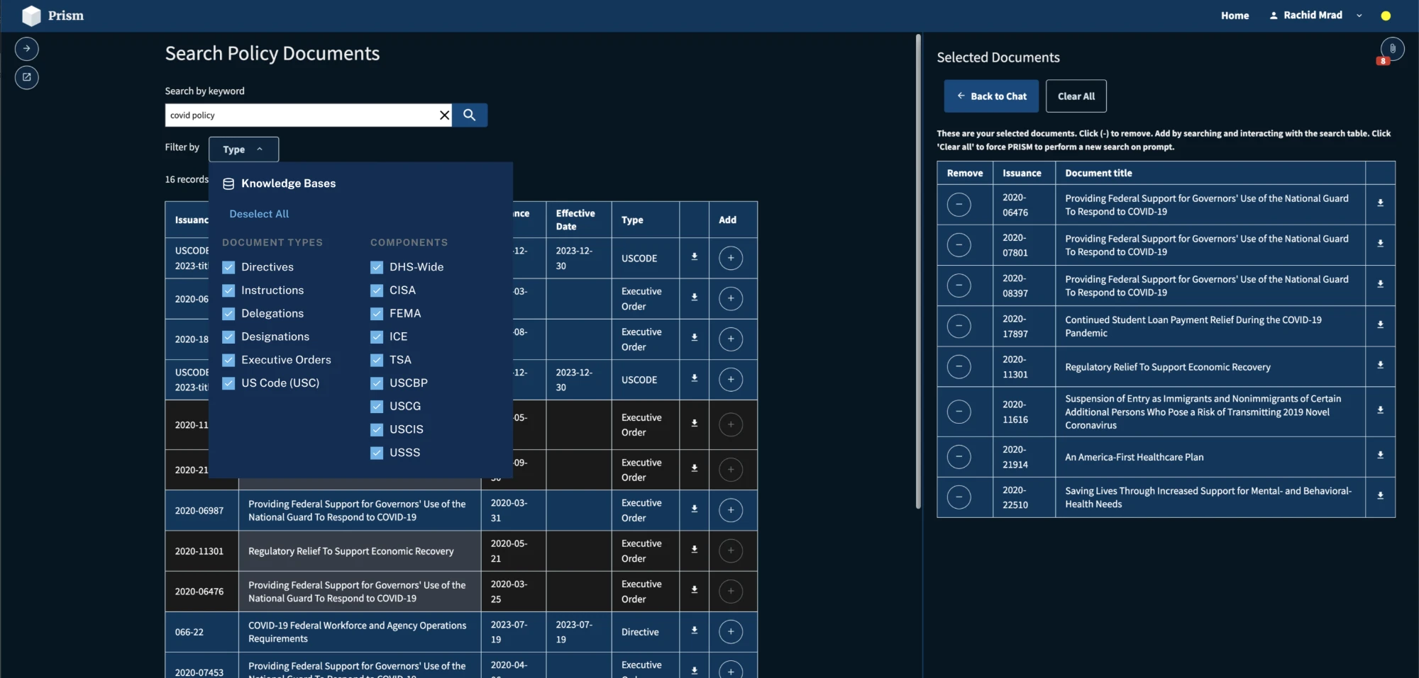 LEDGER's policy-document search: a keyword search with type and component filters, a results table, and a selected-documents panel on the right.