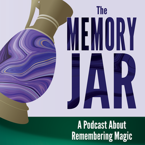 Brand art for &lsquo;The Memory Jar,&rsquo; a podcast about remembering magic: a genie rising from a purple jar beside the wordmark.
