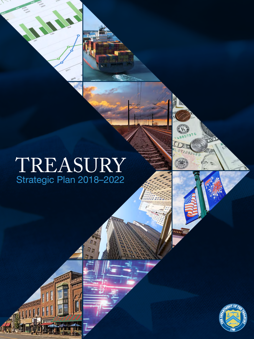 Cover of Treasury's 2018–2022 Strategic Plan: a diagonal photo collage of the department's work over a navy field, headed 'TREASURY — Strategic Plan 2018–2022'.