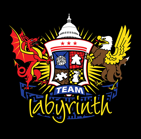 The Team Labyrinth coat of arms: a shield bearing the D.C. flag, a ten-sided die, a meeple, a puzzle piece, and a chess knight, flanked by a red dragon and a griffin beneath the U.S. Capitol dome, over a &lsquo;TEAM labyrinth&rsquo; banner.